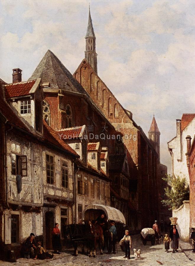 A Busy Street In Bremen With The Saint Johann Church In The Background - 科内利斯·斯普林格